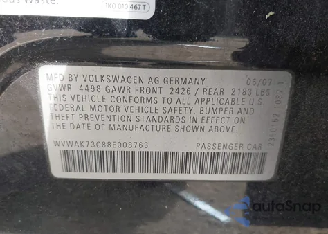 2008 Volkswagen Passat Komfort from USA, damaged, VIN WVWAK73C88E008763